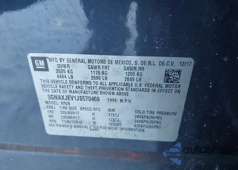 2018 Chevrolet Equinox Lt z USA, uszkodzony, nr VIN 3GNAXJEV1JS570469